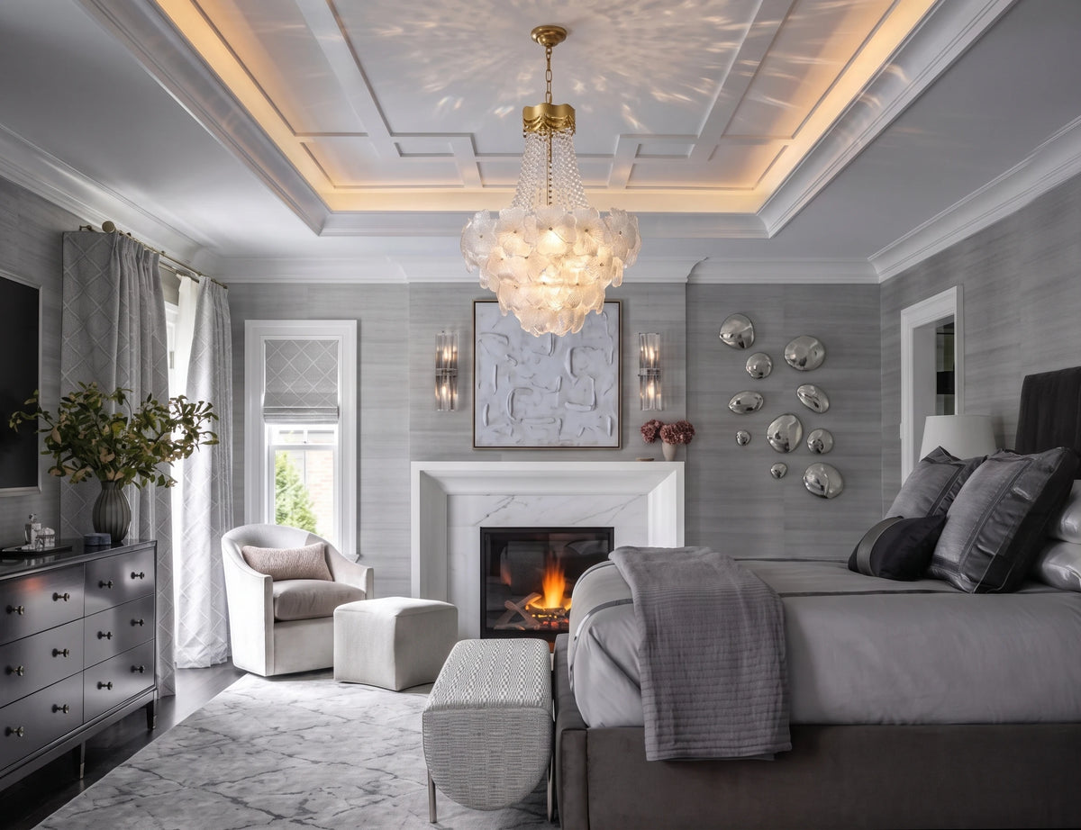 Modern Crystal Floral Art Glass Chandelier in Master Bedroom Setting