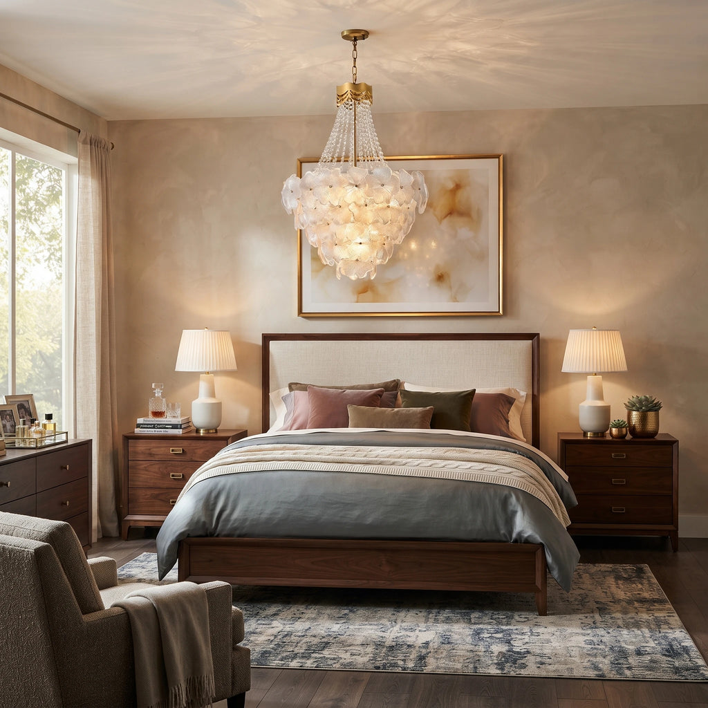 Modern Cascading Crystal Floral Chandelier in Bedroom Interior