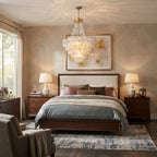 Modern Cascading Crystal Floral Chandelier in Bedroom Interior
