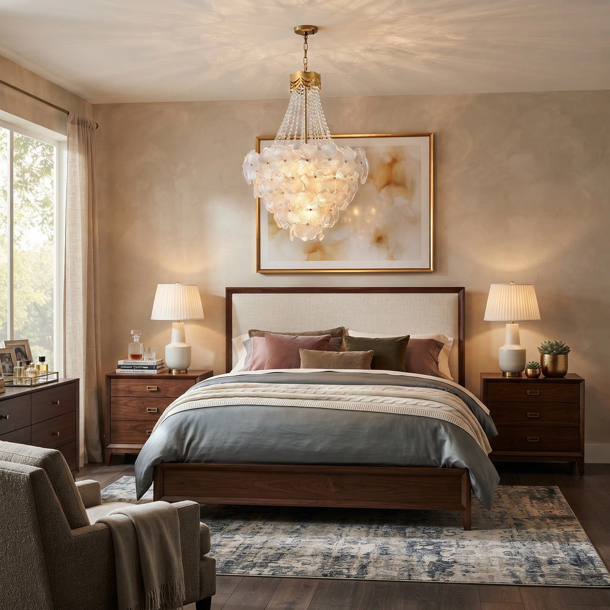 Modern Cascading Crystal Floral Chandelier in Bedroom Interior