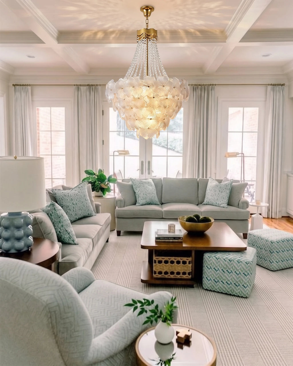 Modern Crystal Floral and Bead Chandelier in Bright Living Room