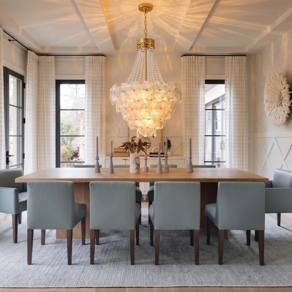 Modern Cascading Crystal Floral Chandelier Over Dining Room Table