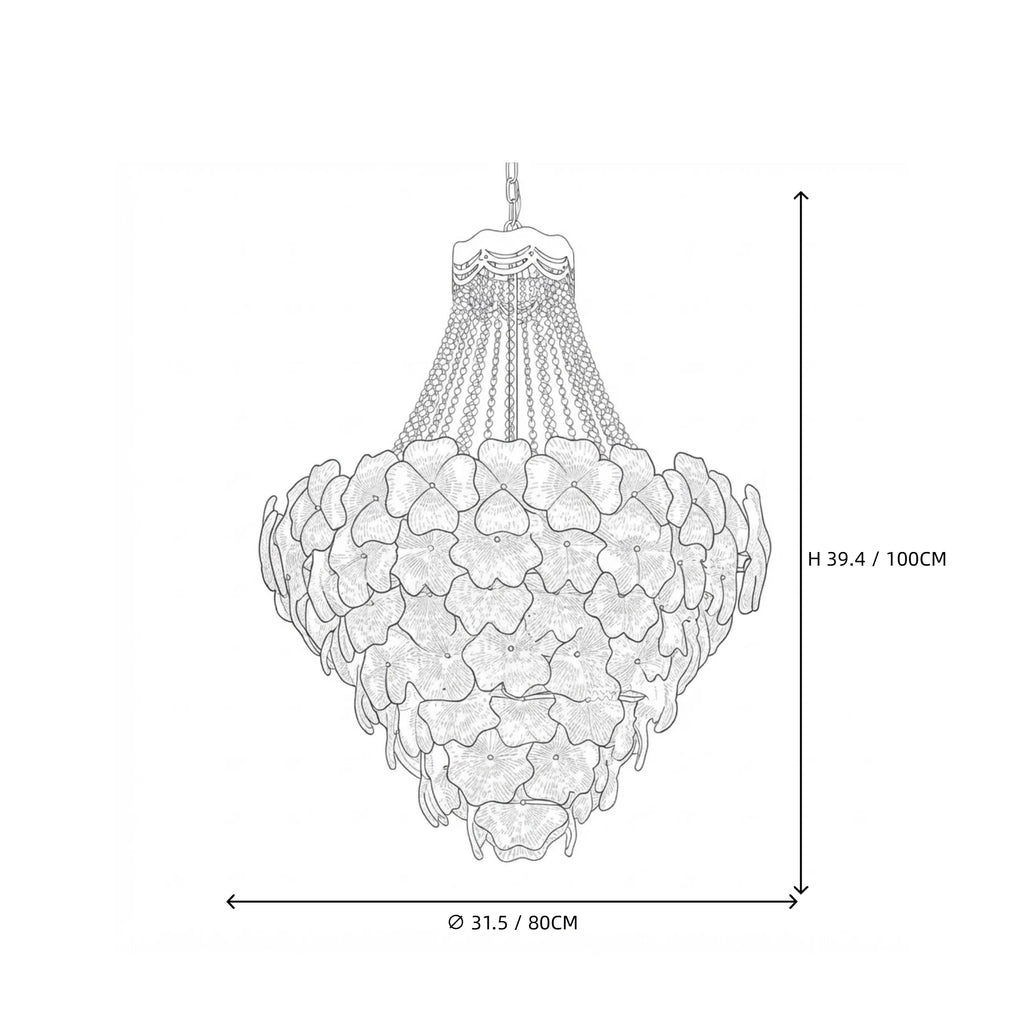 Modern Cascading Crystal Floral and Bead Chandelier Style C Line Art Dimension Diagram