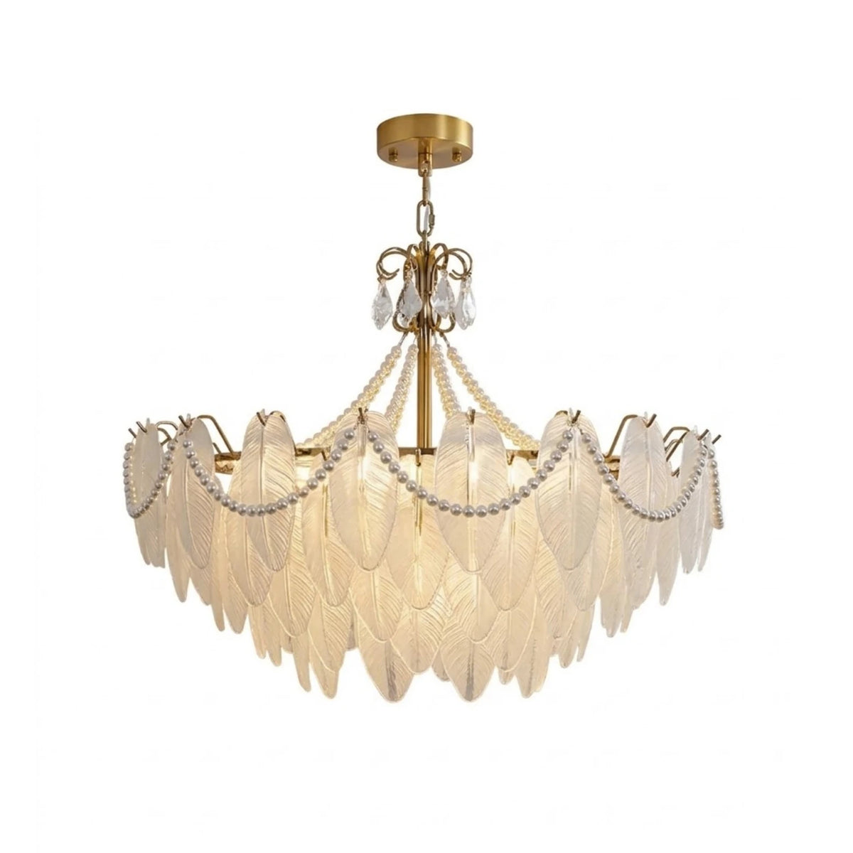 Modern Brass and Pearl Leaf Art Glass Chandelier with Gold Canopy and Pearl Strand on Pure White Background