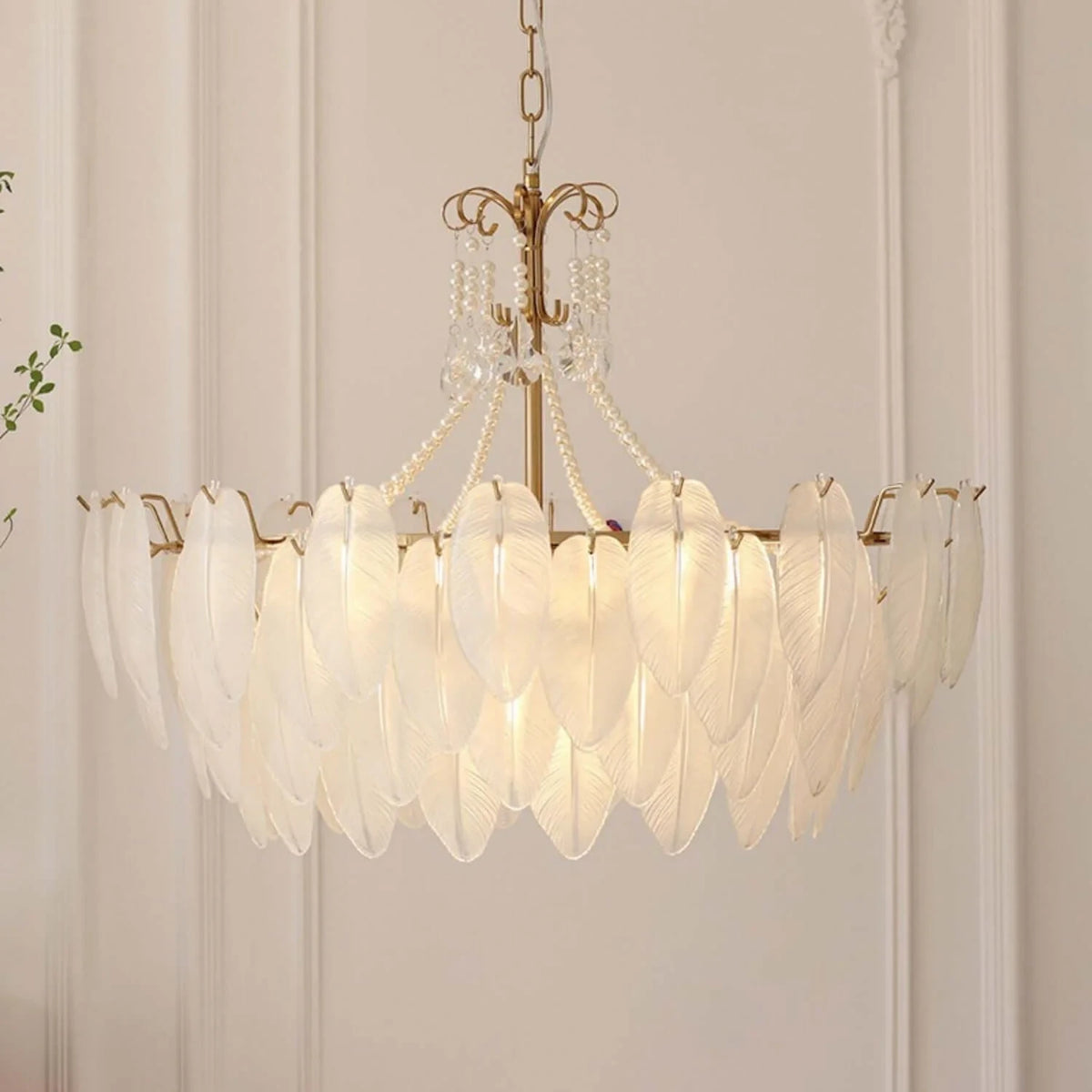 Illuminated Modern Brass Pearl Leaf Art Glass Chandelier Studio Shot on Pure White Background