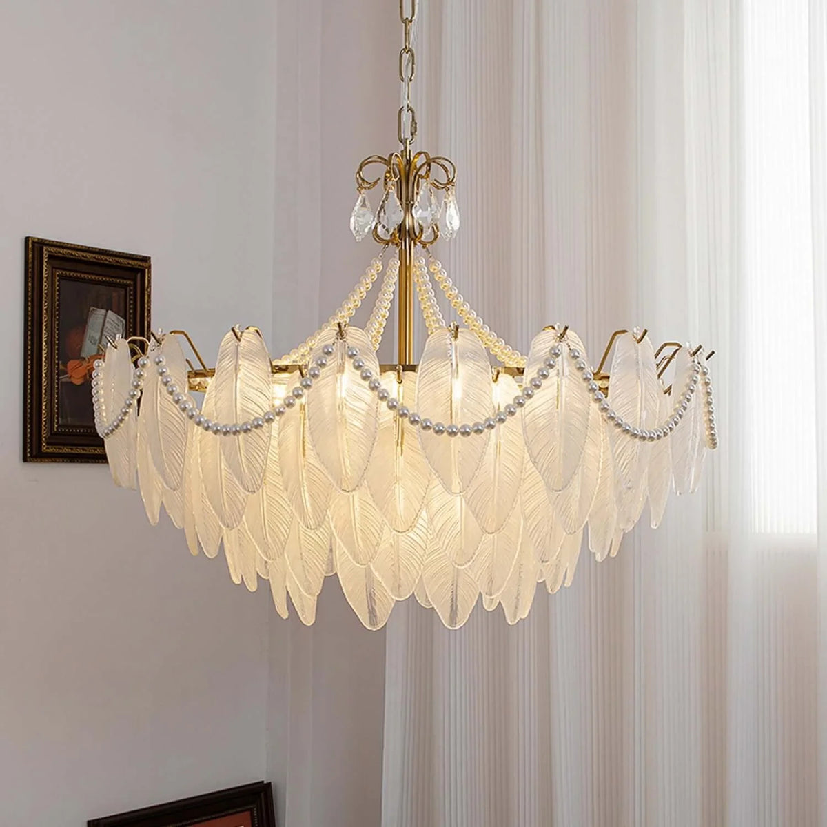Illuminated Modern Pearl Leaf Art Glass Chandelier Studio Display