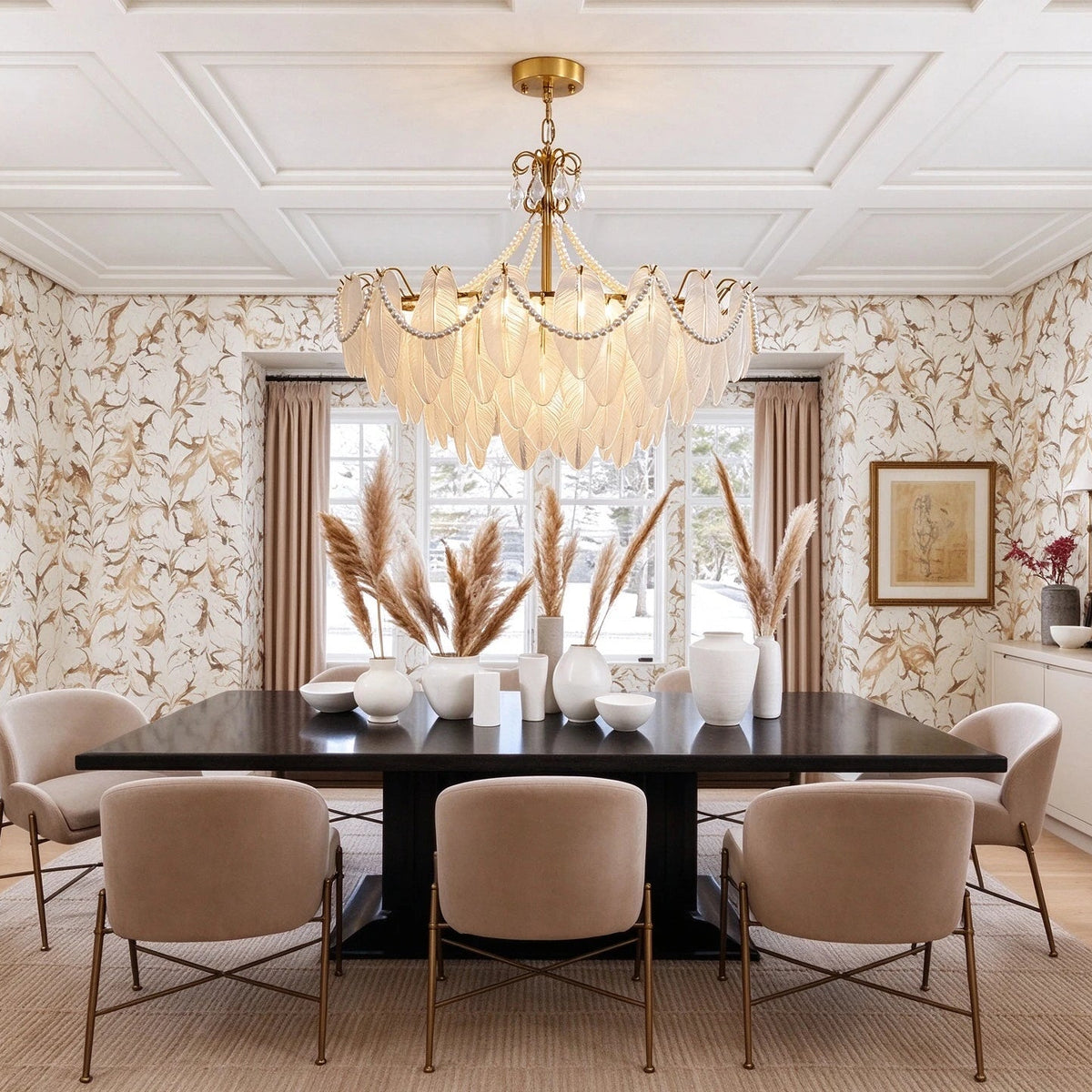 Modern Pearl Leaf Art Glass Chandelier in Formal Dining Room