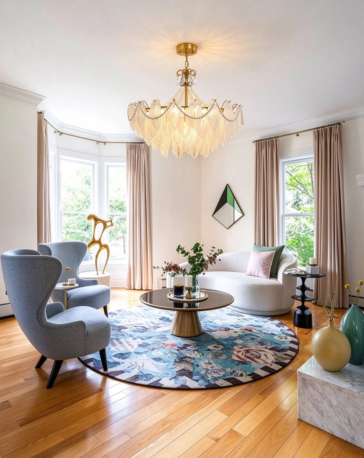Modern Brass Pearl Leaf Art Glass Chandelier in Sunroom Setting