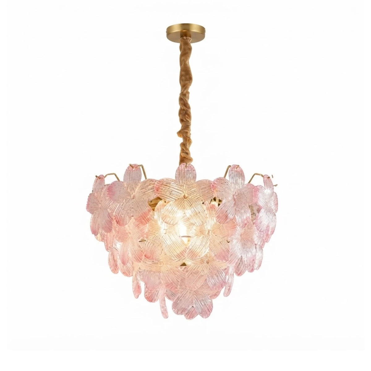 Modern Brass and Pink Petal Art Glass Chandelier with Wrapped Canopy on Pure White Background