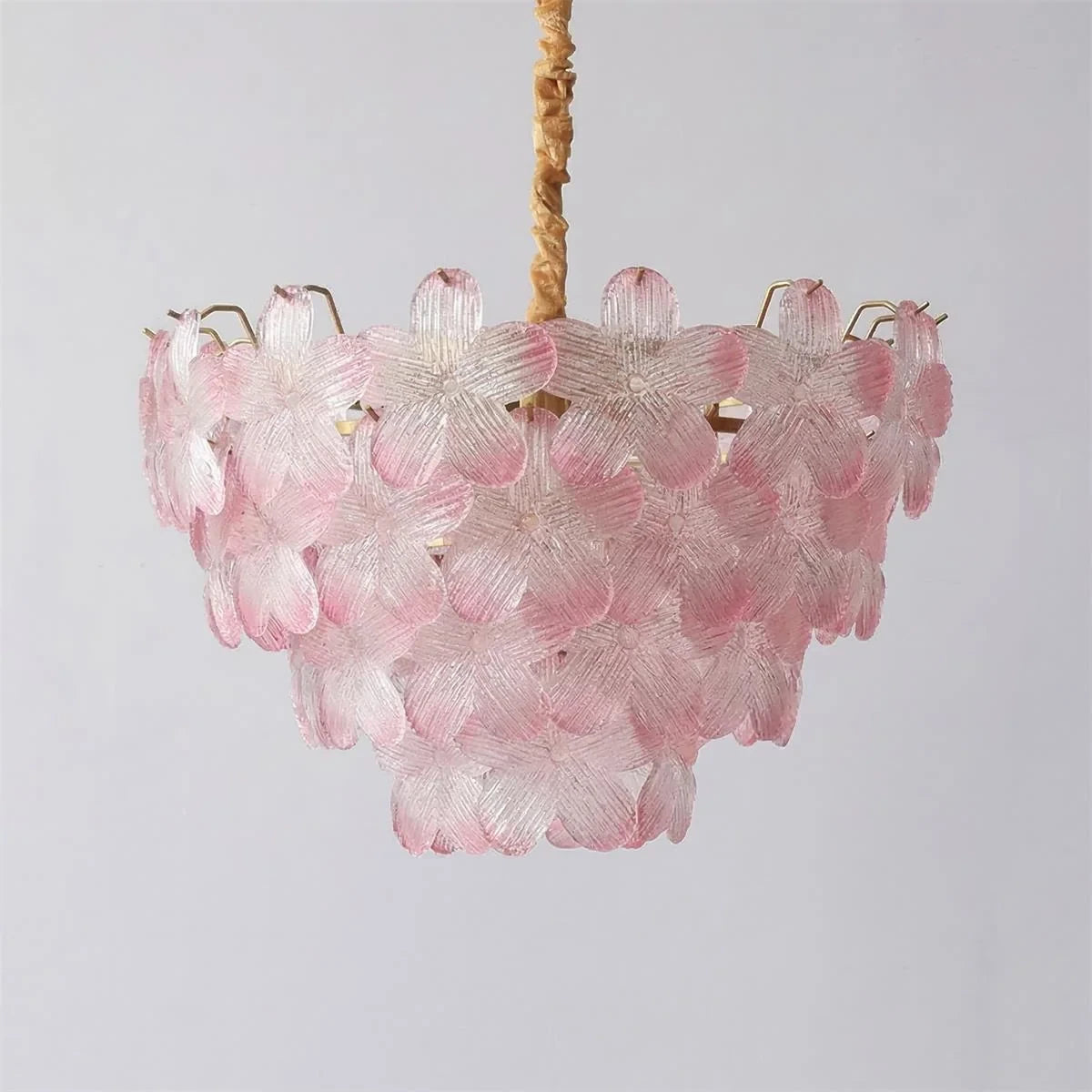 Illuminated Modern Brass Pink Petal Art Glass Chandelier Studio Shot