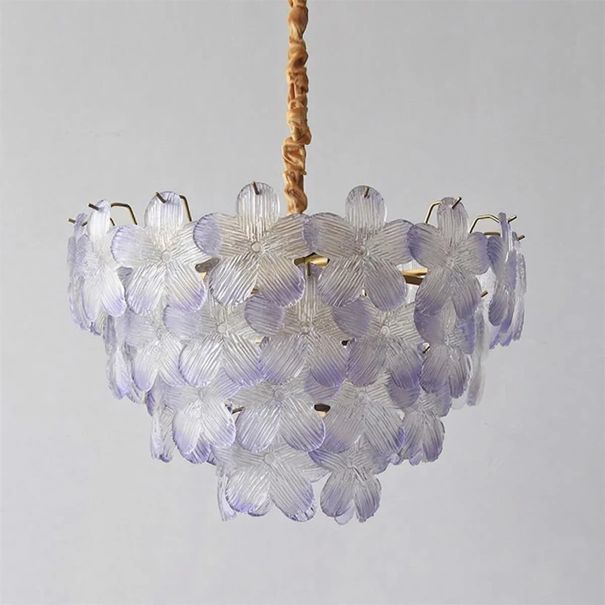 Illuminated Modern Purple Petal Art Glass Chandelier Studio Shot