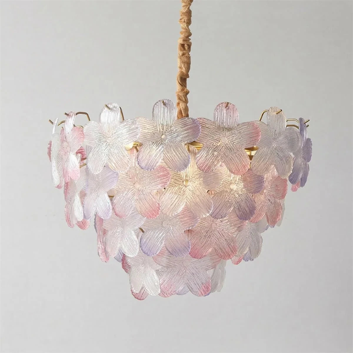 Illuminated Modern Multi-Tier Pink Petal Art Glass Chandelier Studio Display