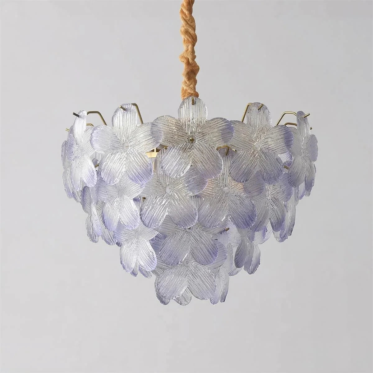 Illuminated Modern Brass Purple Petal Art Glass Chandelier Studio Display