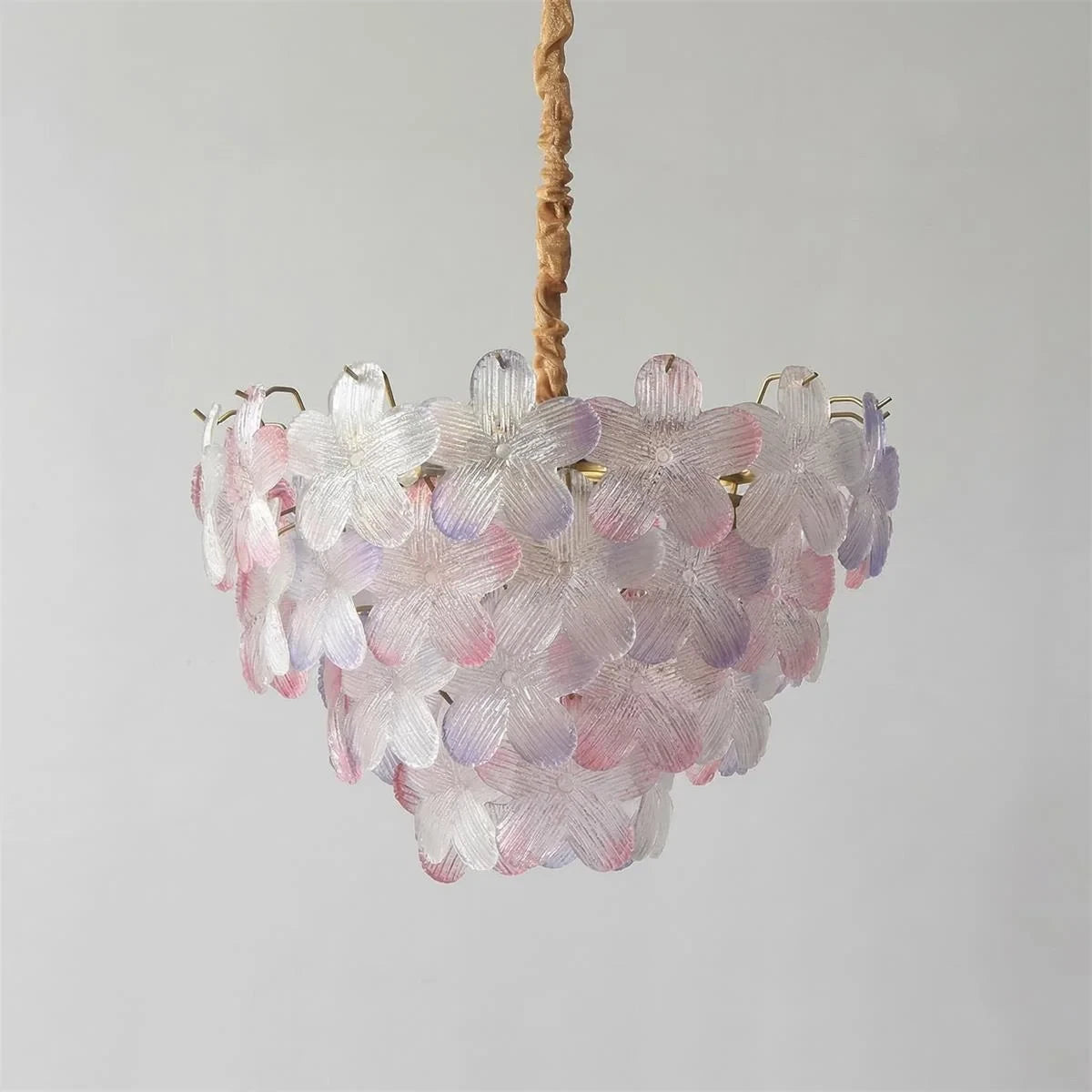 Illuminated Modern Pink Petal Art Glass Chandelier Studio Display on Pure White Background