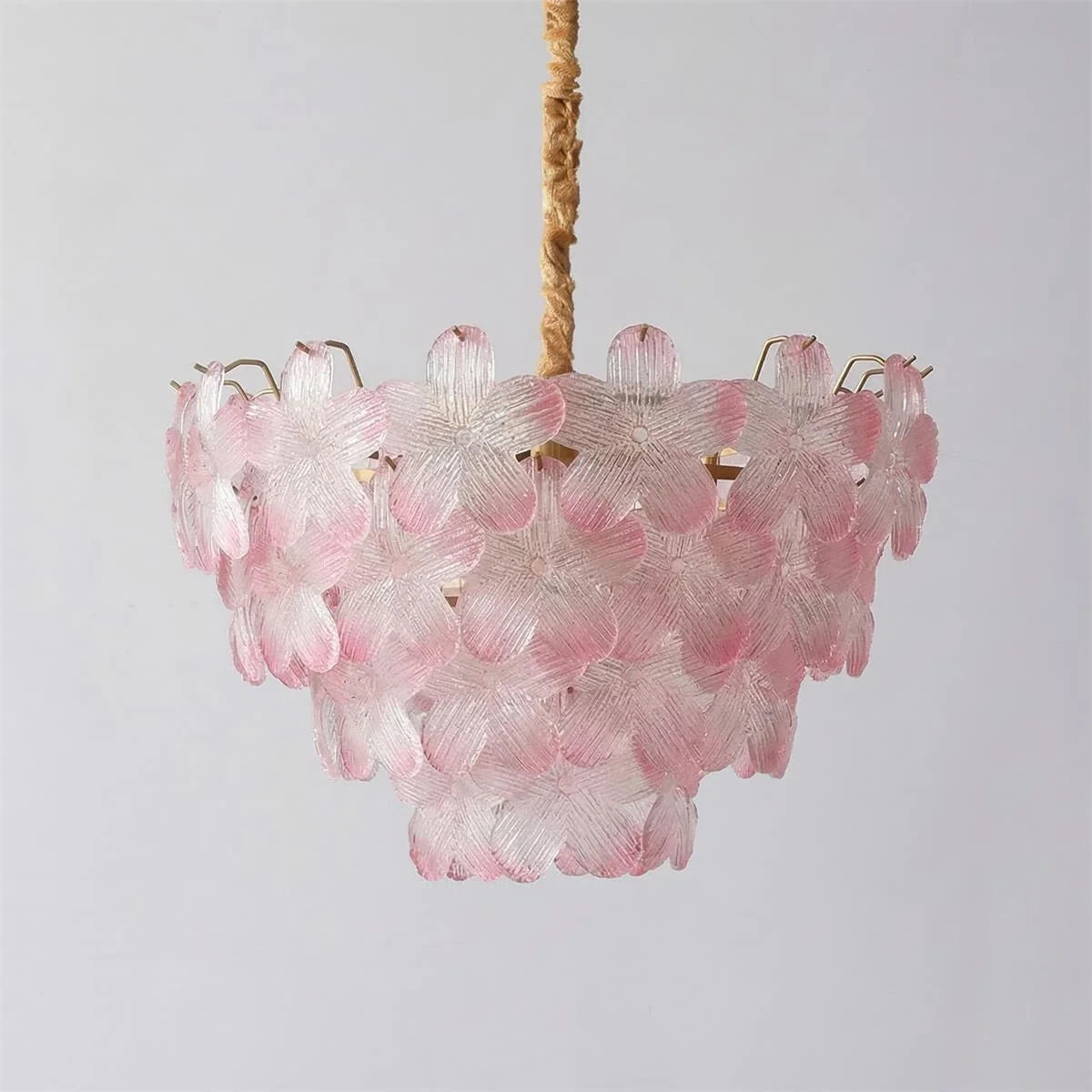 Illuminated Modern Brass Pink Petal Art Glass Chandelier Studio Shot