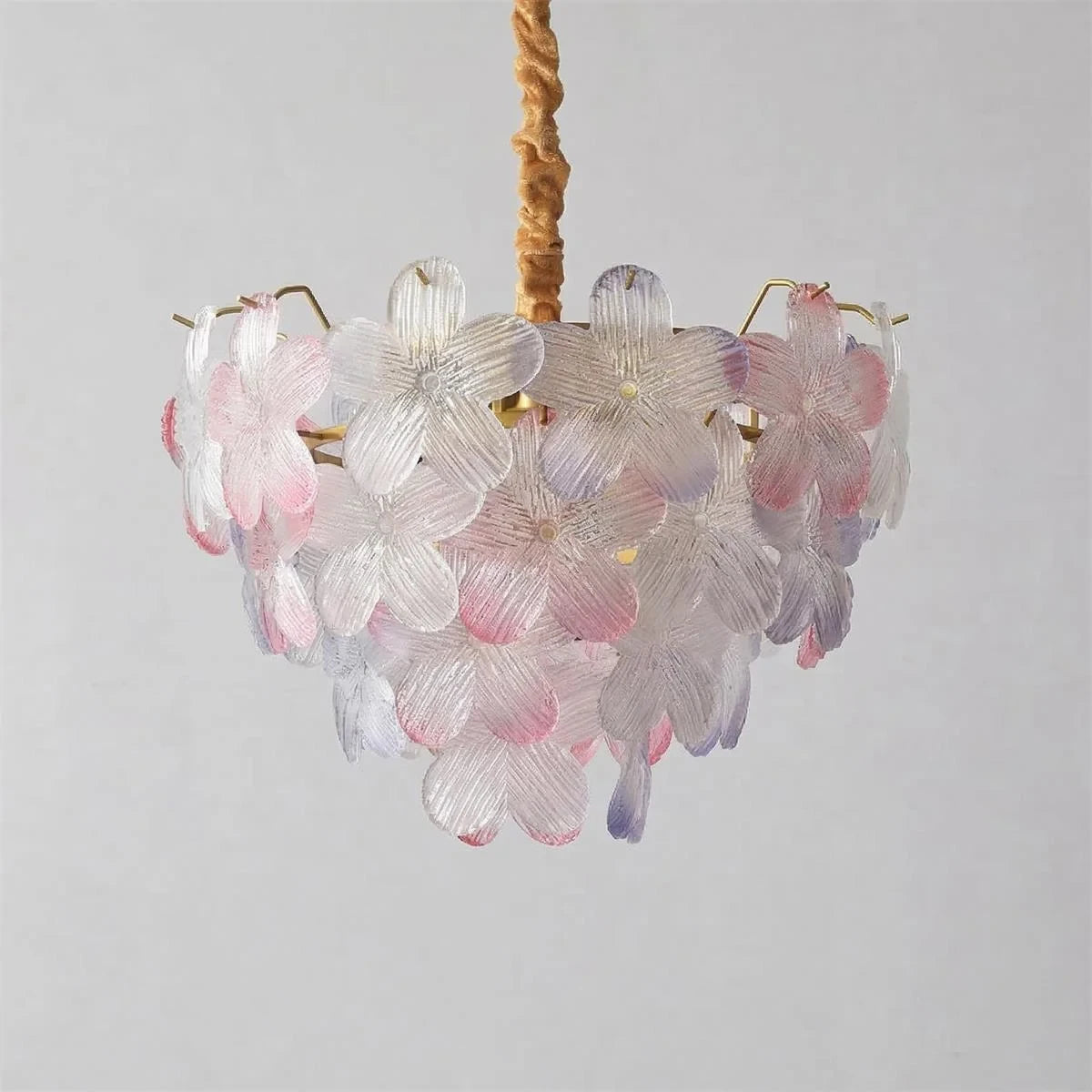 Illuminated Modern Deep Pink Petal Art Glass Chandelier Studio Display