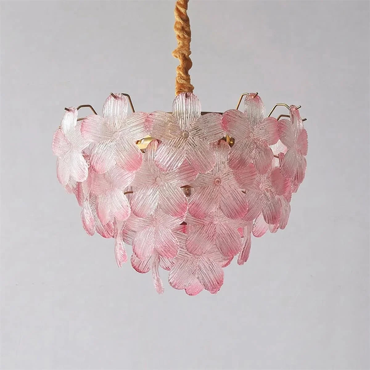 Illuminated Modern Pink and White Petal Art Glass Chandelier Studio Shot