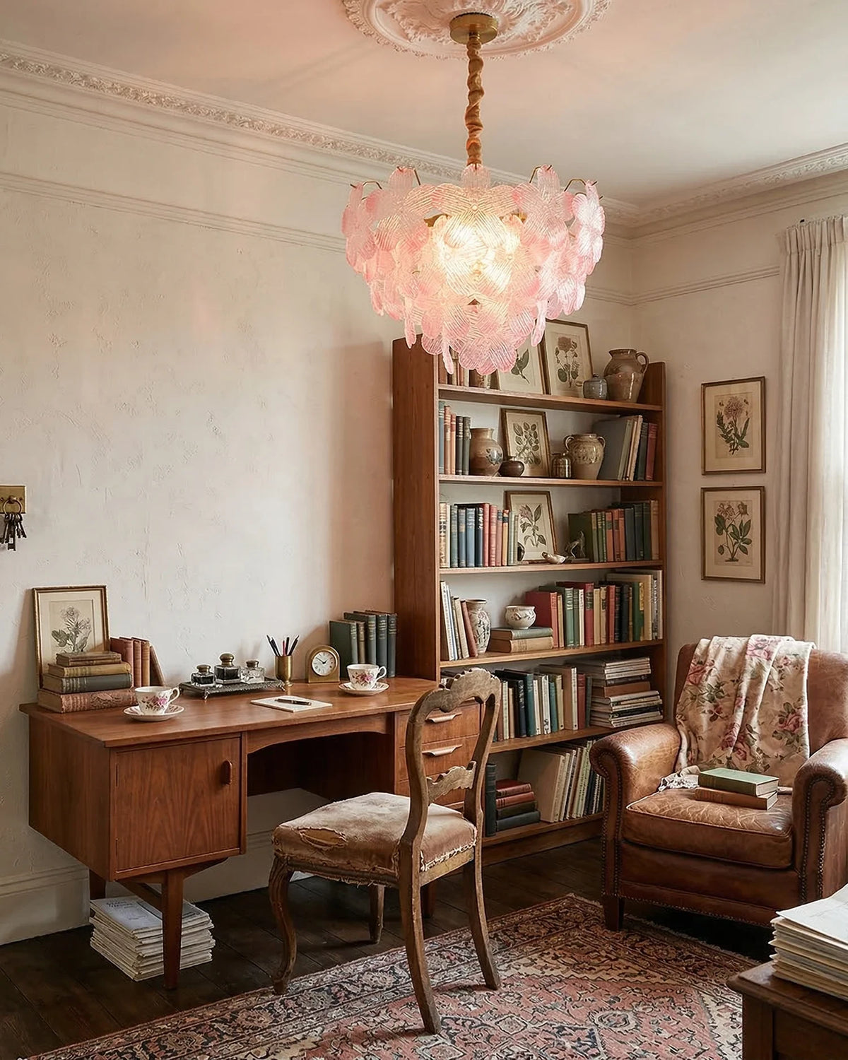 Modern Pink Petal Art Glass Chandelier in Classic Study Room Setting