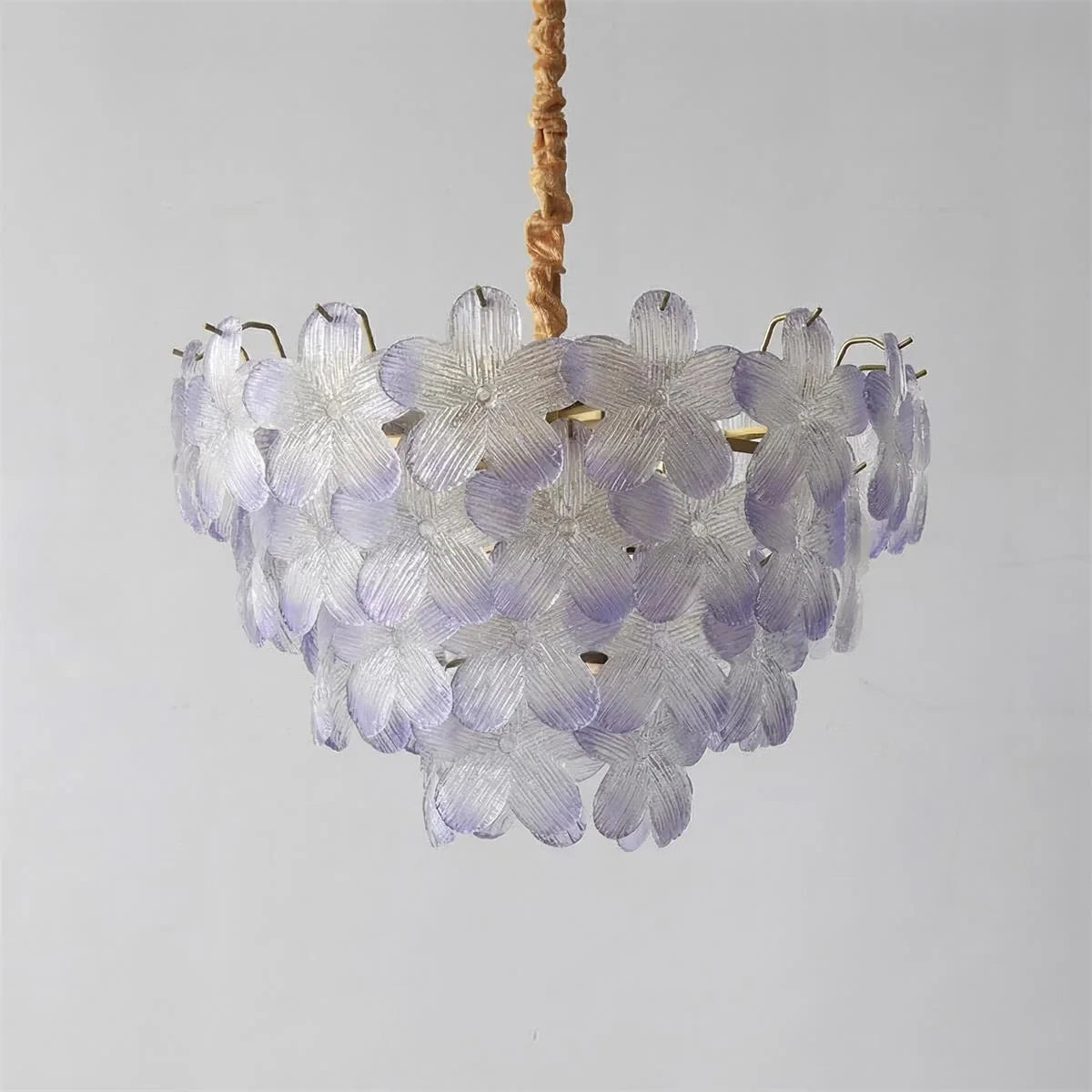 Illuminated Modern Purple Petal Art Glass Chandelier Studio Shot on Pure White Background