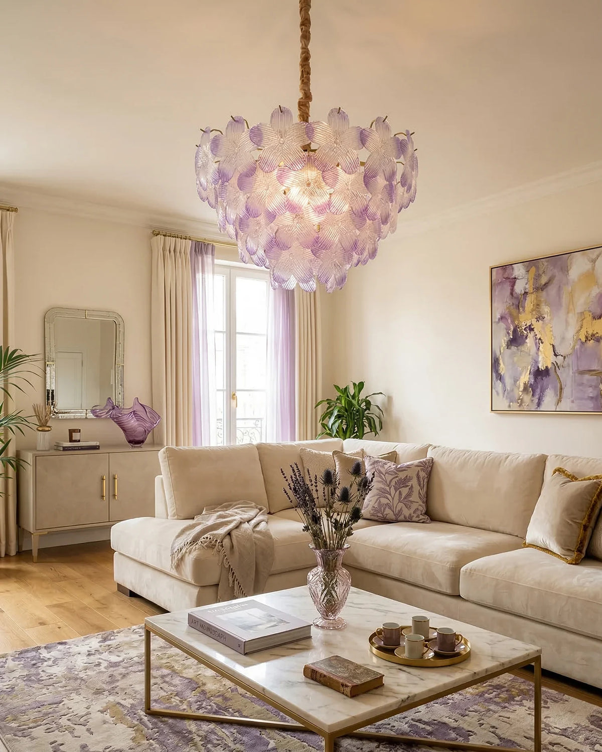 Modern Brass Pink Petal Art Glass Chandelier in Cozy Living Room