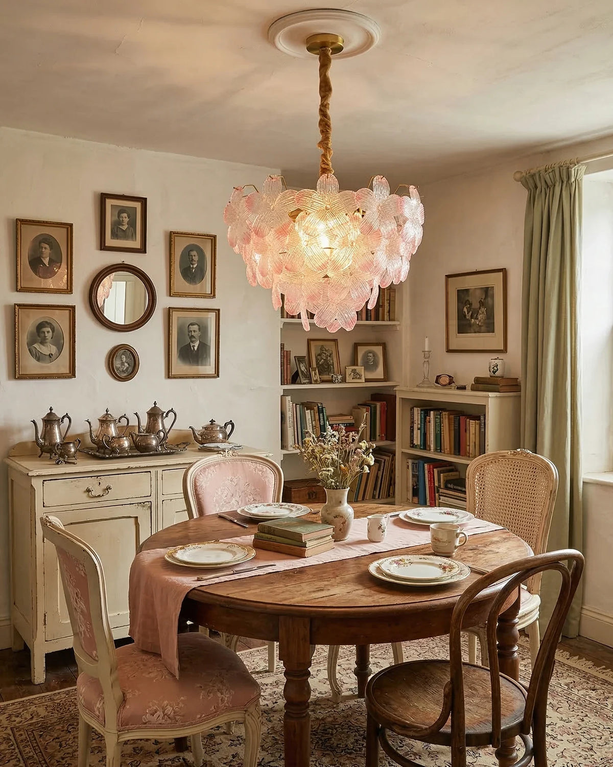 Modern Pink Petal Art Glass Chandelier Over Round Dining Table
