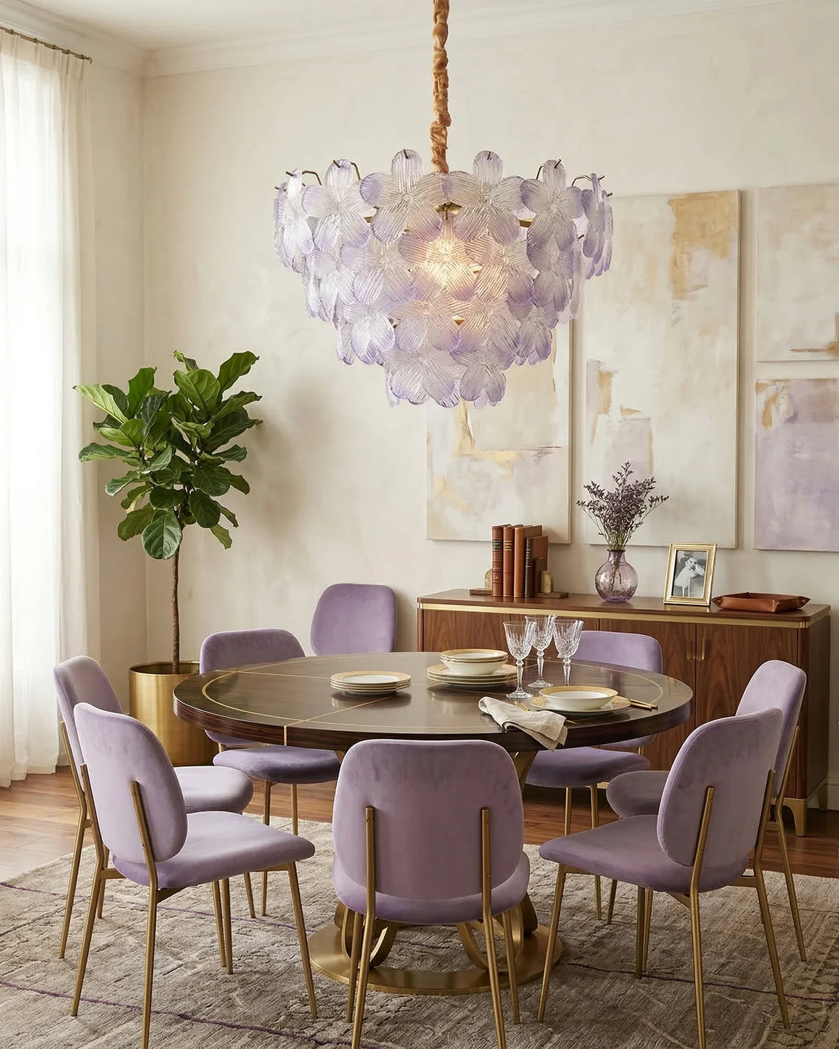 Modern Brass Pink Petal Chandelier in Elegant Dining Setting