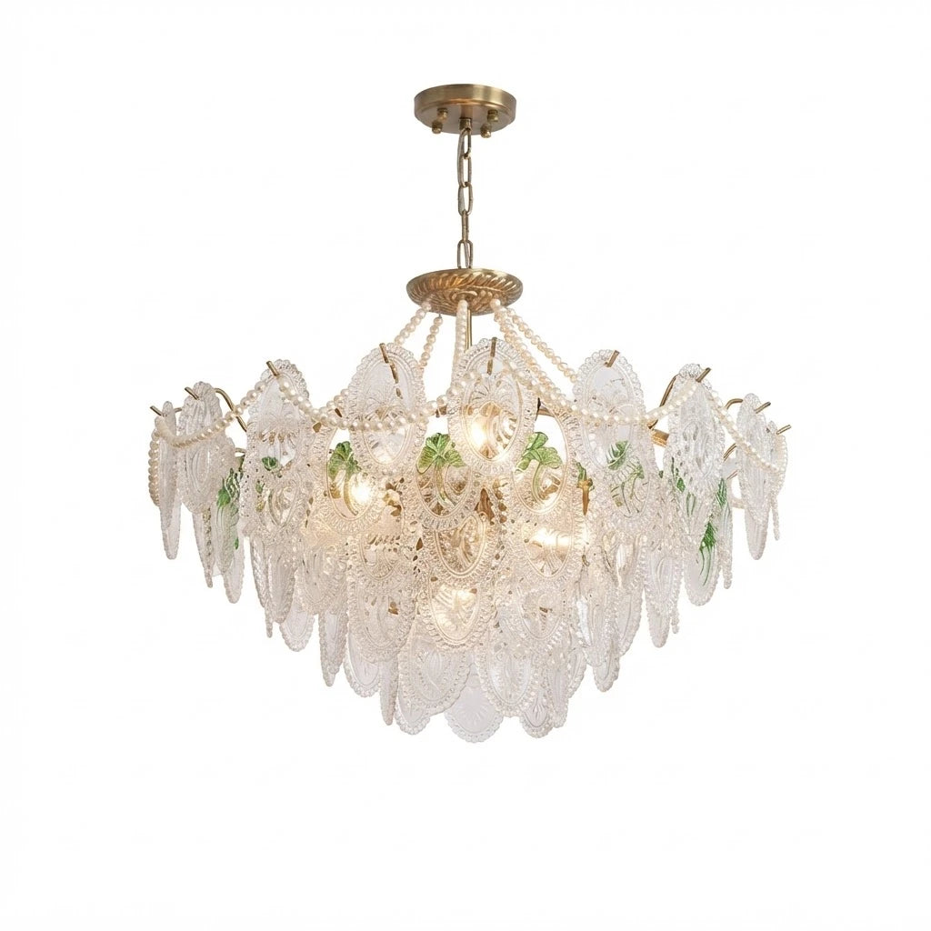 Modern Brass and Green Leaf Art Glass Chandelier with Gold Canopy and Chain on Pure White Background