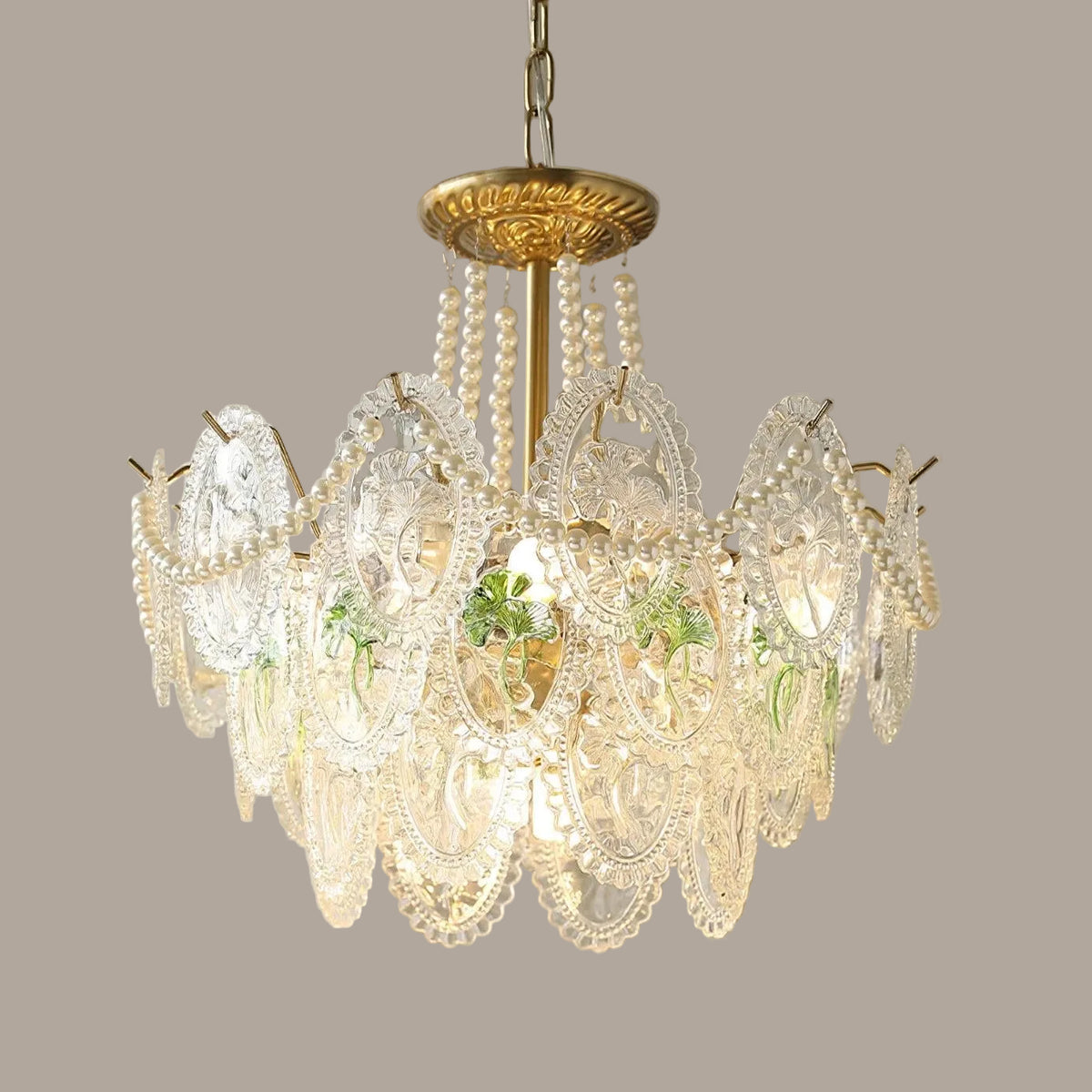 Illuminated Modern Green Leaf Art Glass Chandelier Studio Shot on Pure White Background