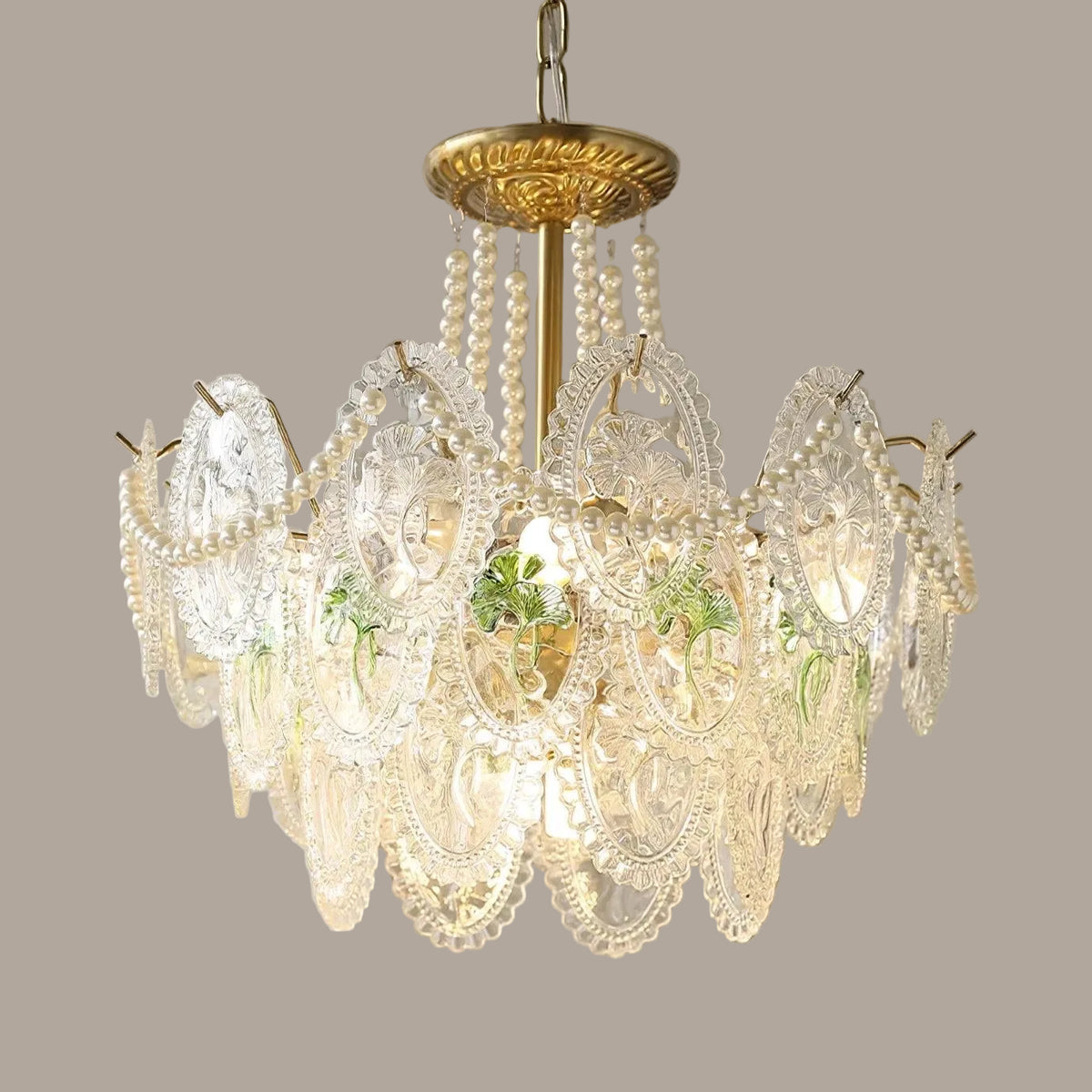 Illuminated Modern Brass Green Leaf Art Glass Chandelier Studio Display