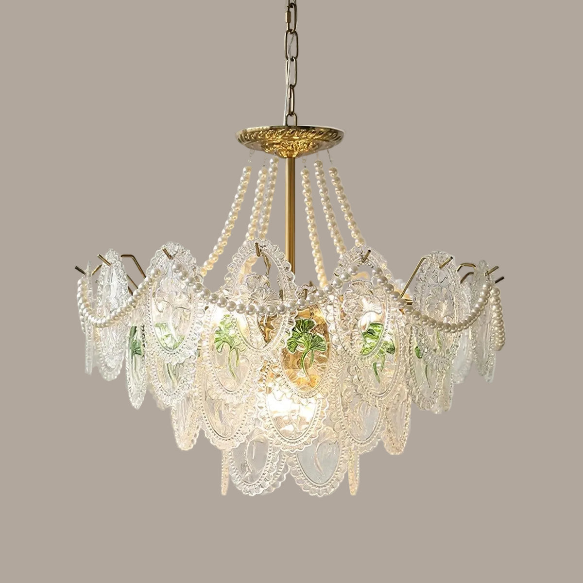 Modern Green Leaf Art Glass Chandelier in Bright Bedroom Setting