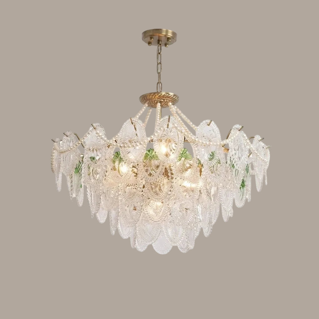 Illuminated Modern Brass Green Leaf Art Glass Chandelier Studio Shot