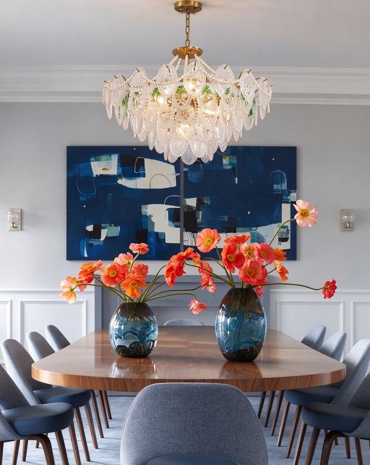 Modern Green Leaf Art Glass Chandelier in Formal Dining Room