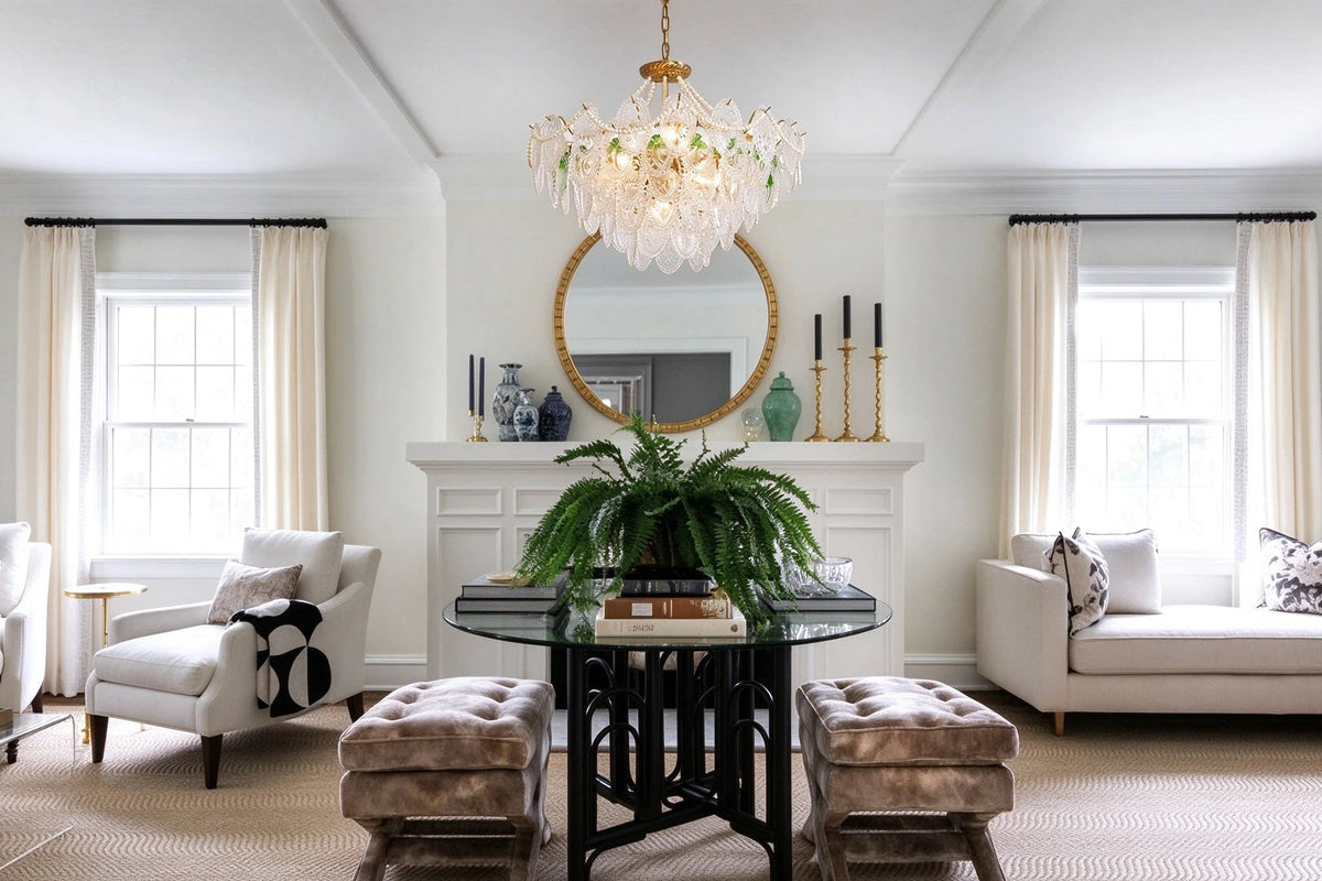 Modern Green Leaf Art Glass Chandelier in Grand Foyer Setting