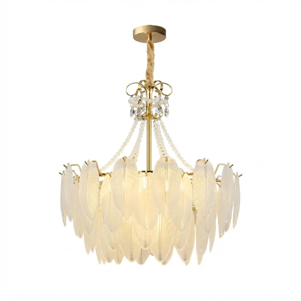 Modern Brass and Pearl Leaf Art Glass Chandelier with Gold Canopy and Pearl Strand on Pure White Background