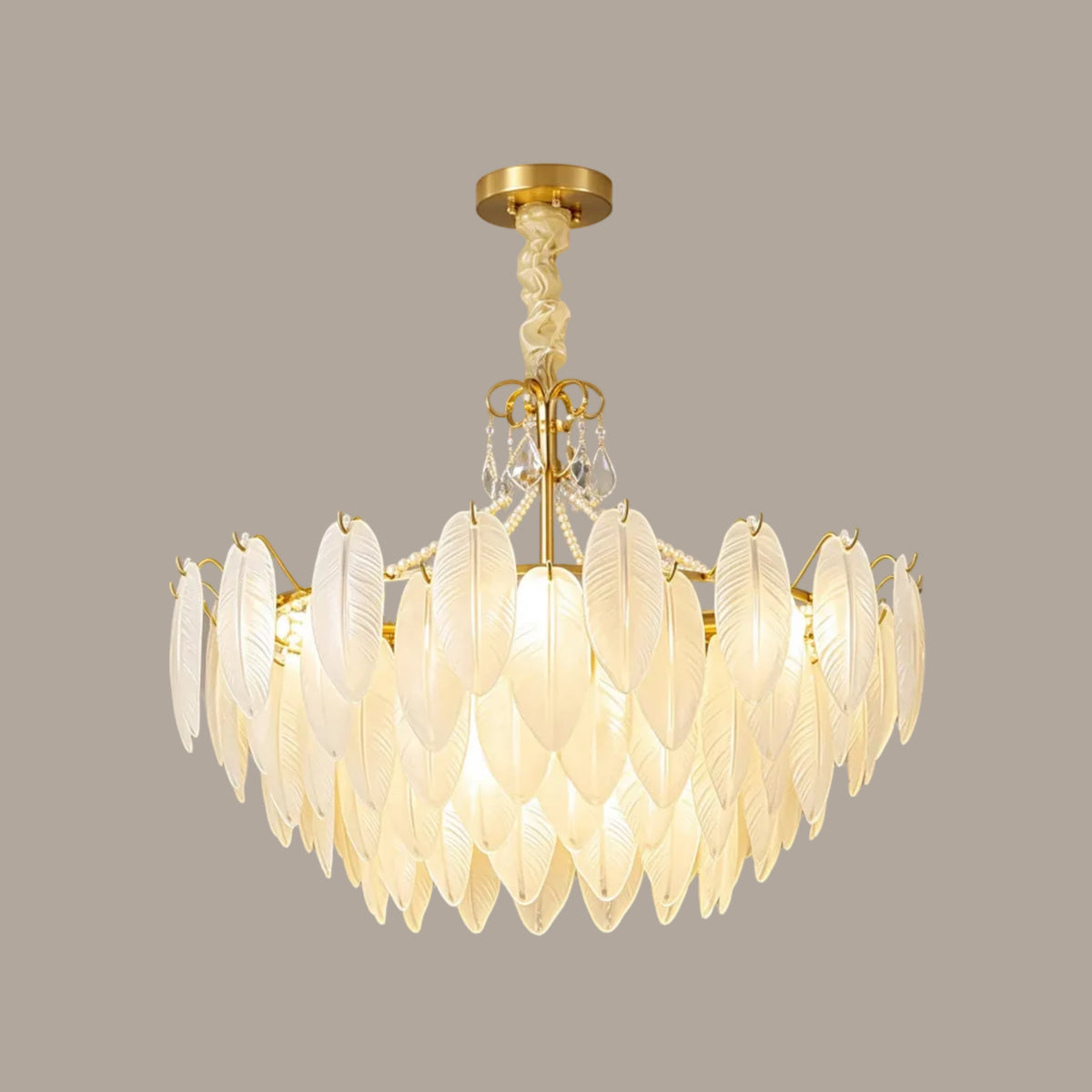 Illuminated Modern Brass Pearl Leaf Art Glass Chandelier Studio Shot on Pure White Background