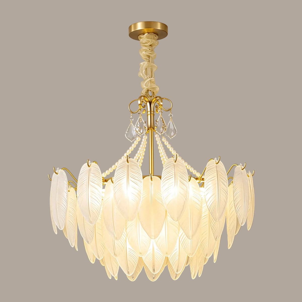 Illuminated Modern Pearl Leaf Art Glass Chandelier Studio Display