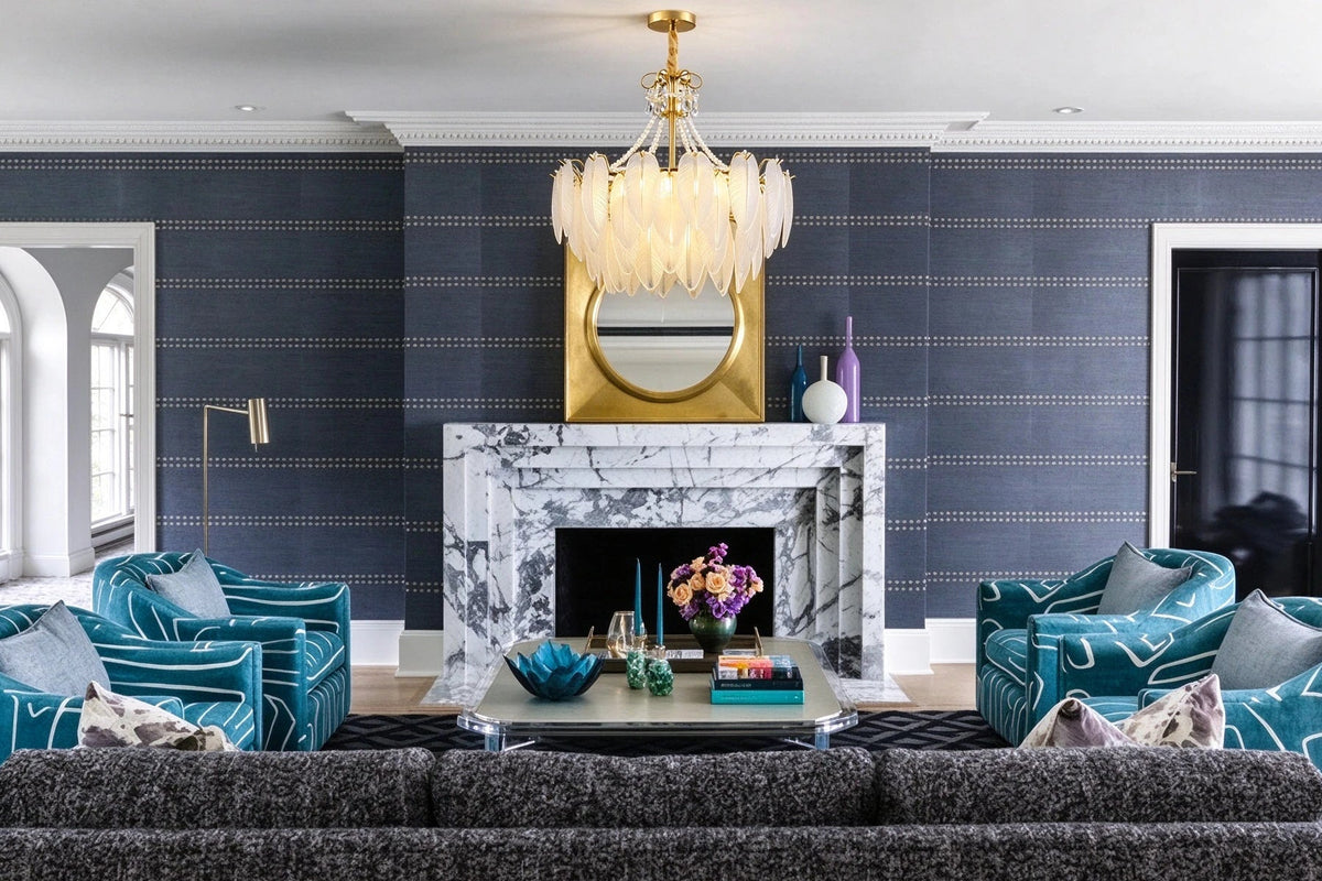 Modern Brass Pearl Leaf Art Glass Chandelier in Luxury Living Room
