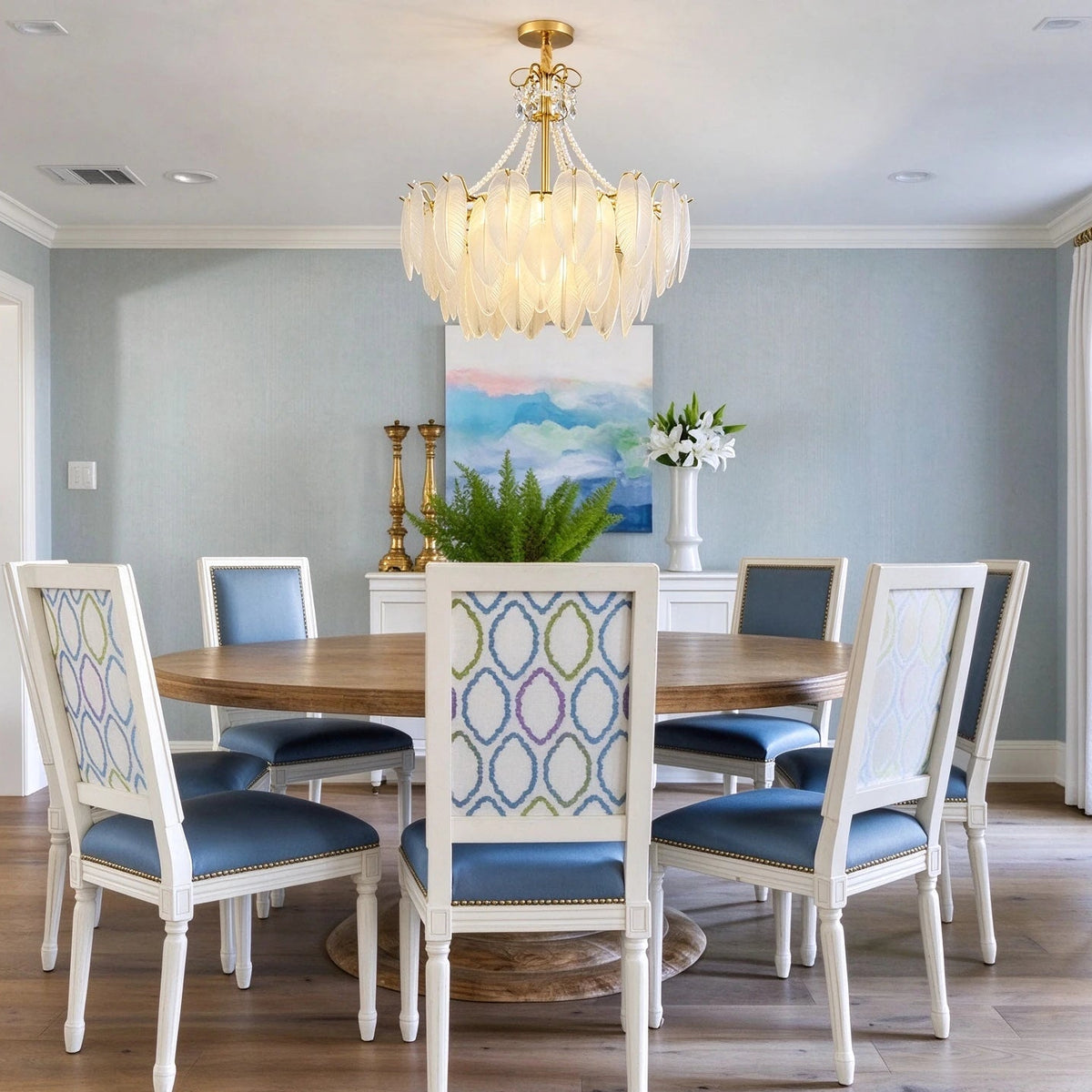Modern Pearl Leaf Art Glass Chandelier Over Round Dining Table