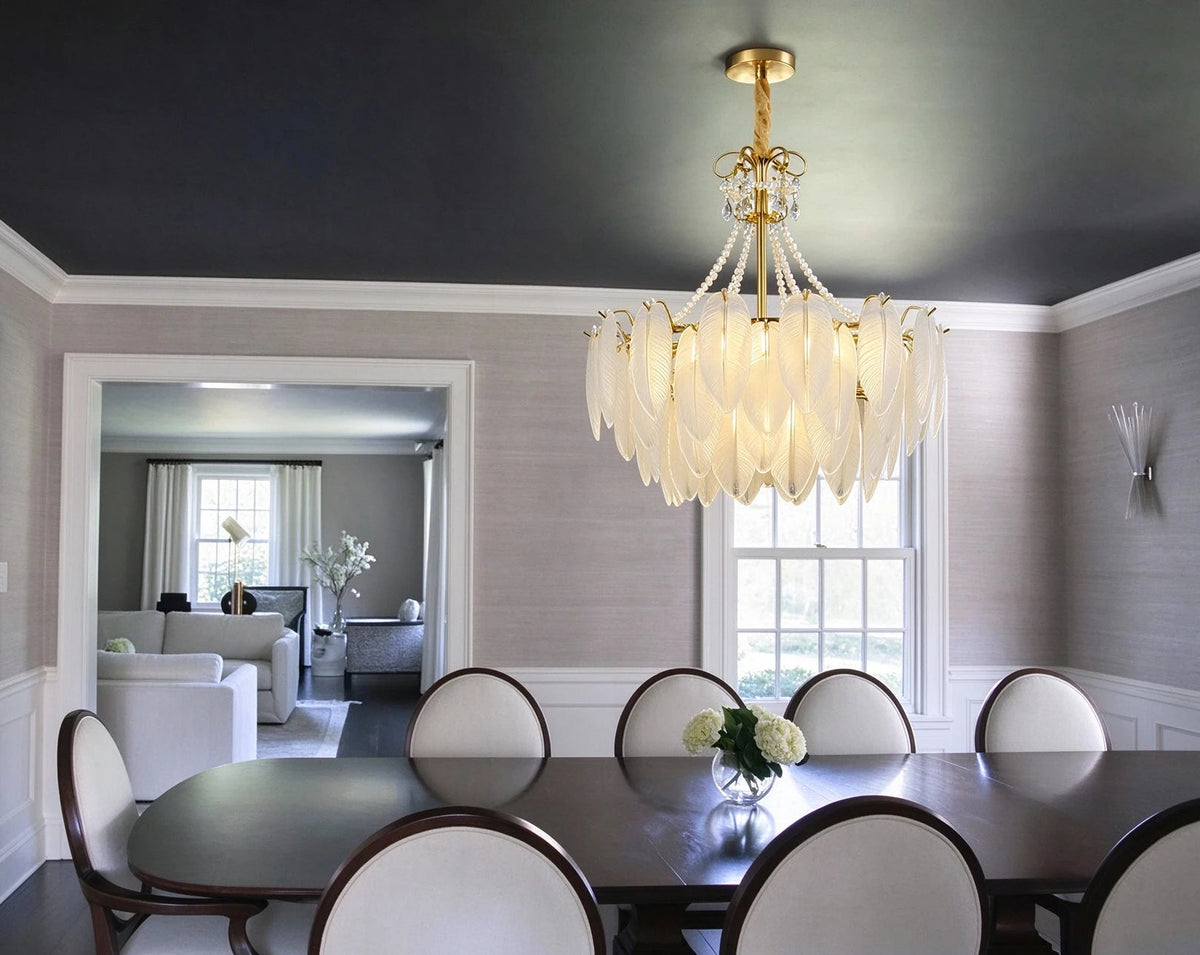Modern Brass Pearl Leaf Art Glass Chandelier in Formal Dining Room