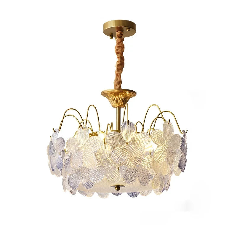 Modern Brass and Hydrangea Petal Art Glass Semi-Flush Mount Chandelier with Wrapped Canopy on Pure White Background