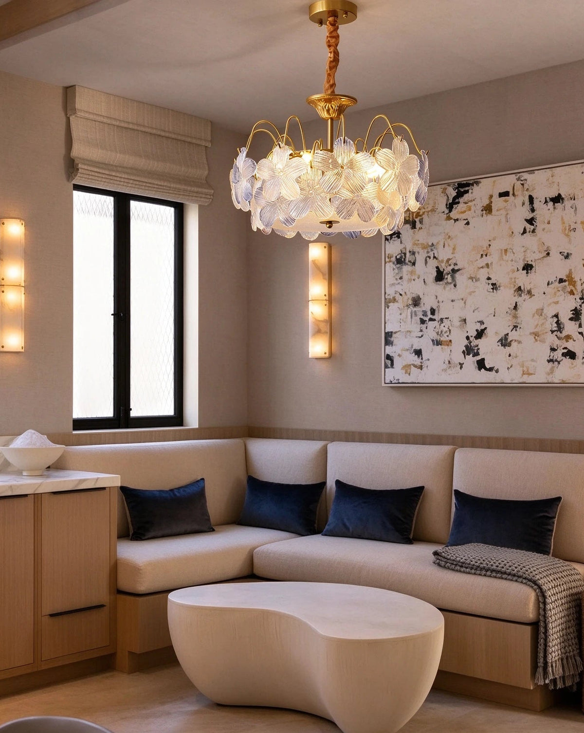 Modern Brass Hydrangea Petal Chandelier in Cozy Living Room Setting