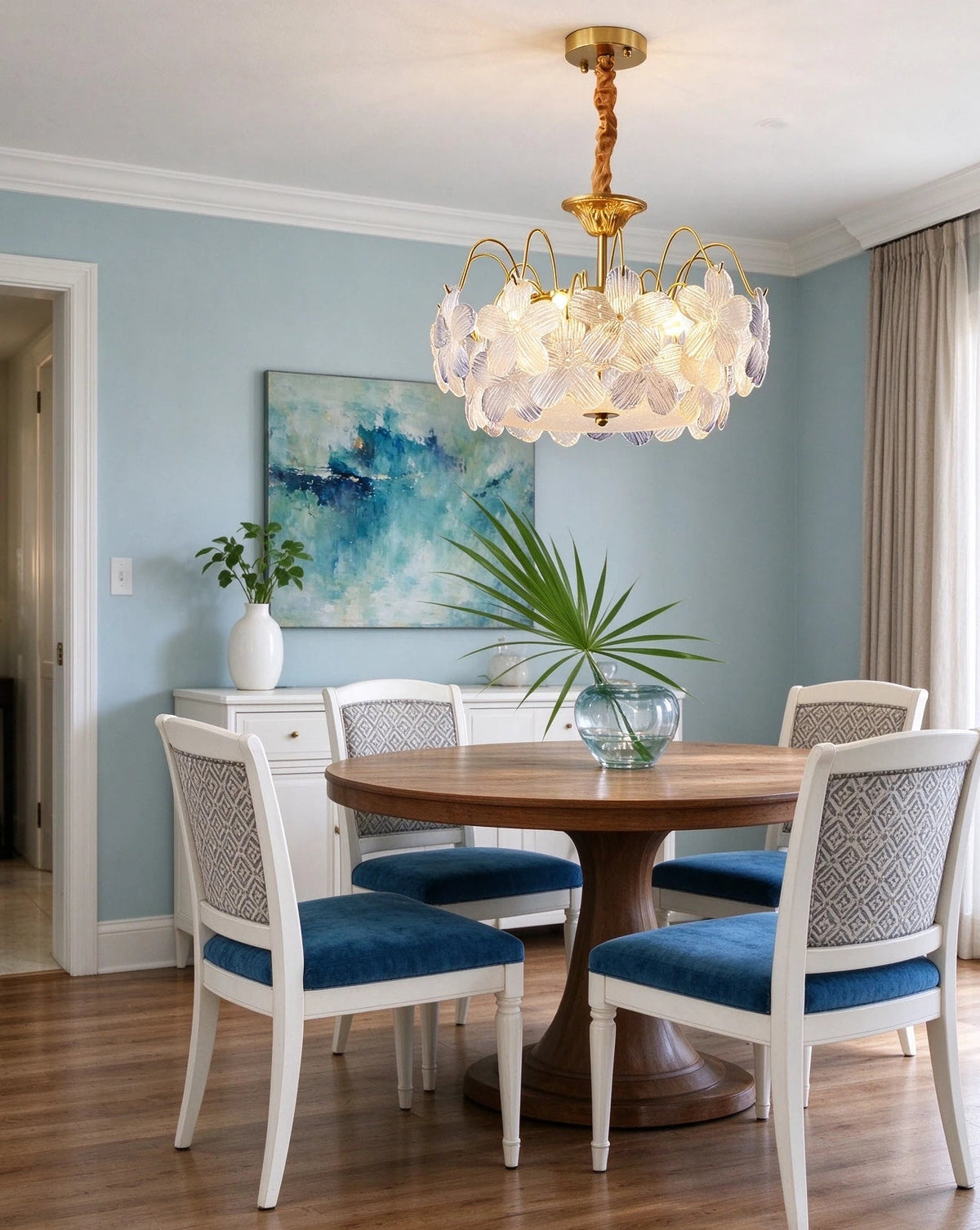 Modern Pink Hydrangea Petal Art Glass Chandelier in Formal Dining Room