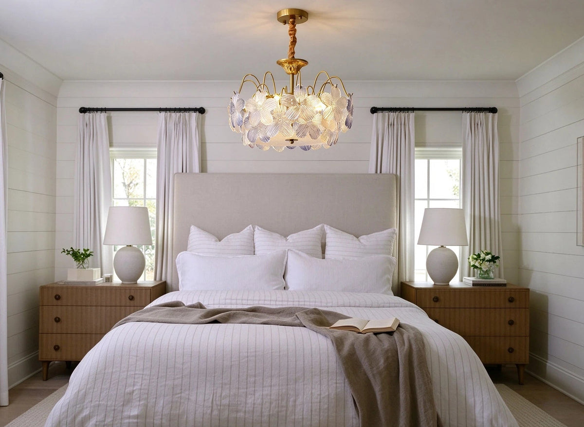 Modern Brass Hydrangea Petal Chandelier in Master Bedroom Interior