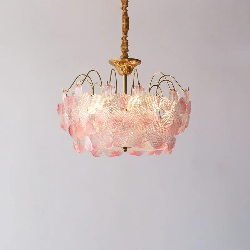 Illuminated Modern Pink Hydrangea Petal Art Glass Chandelier Studio Display