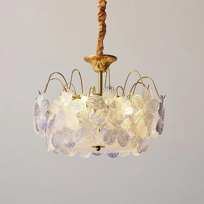 Illuminated Modern Brass Multi-Color Hydrangea Petal Art Glass Chandelier Studio Display