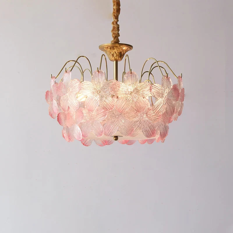 Illuminated Modern Pink Hydrangea Petal Art Glass Chandelier Studio Shot