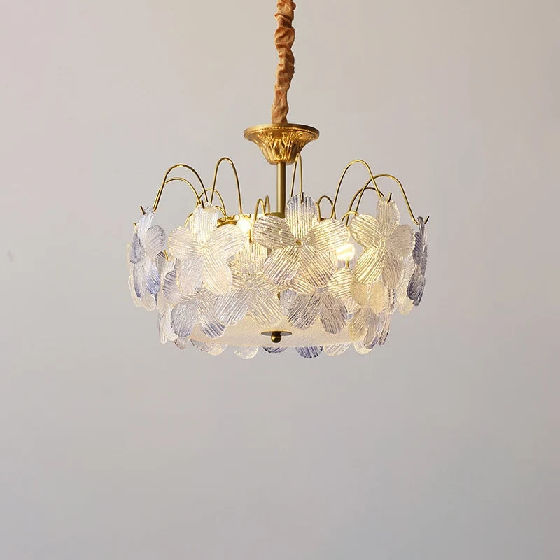 Illuminated Modern White Hydrangea Petal Art Glass Chandelier Studio Shot