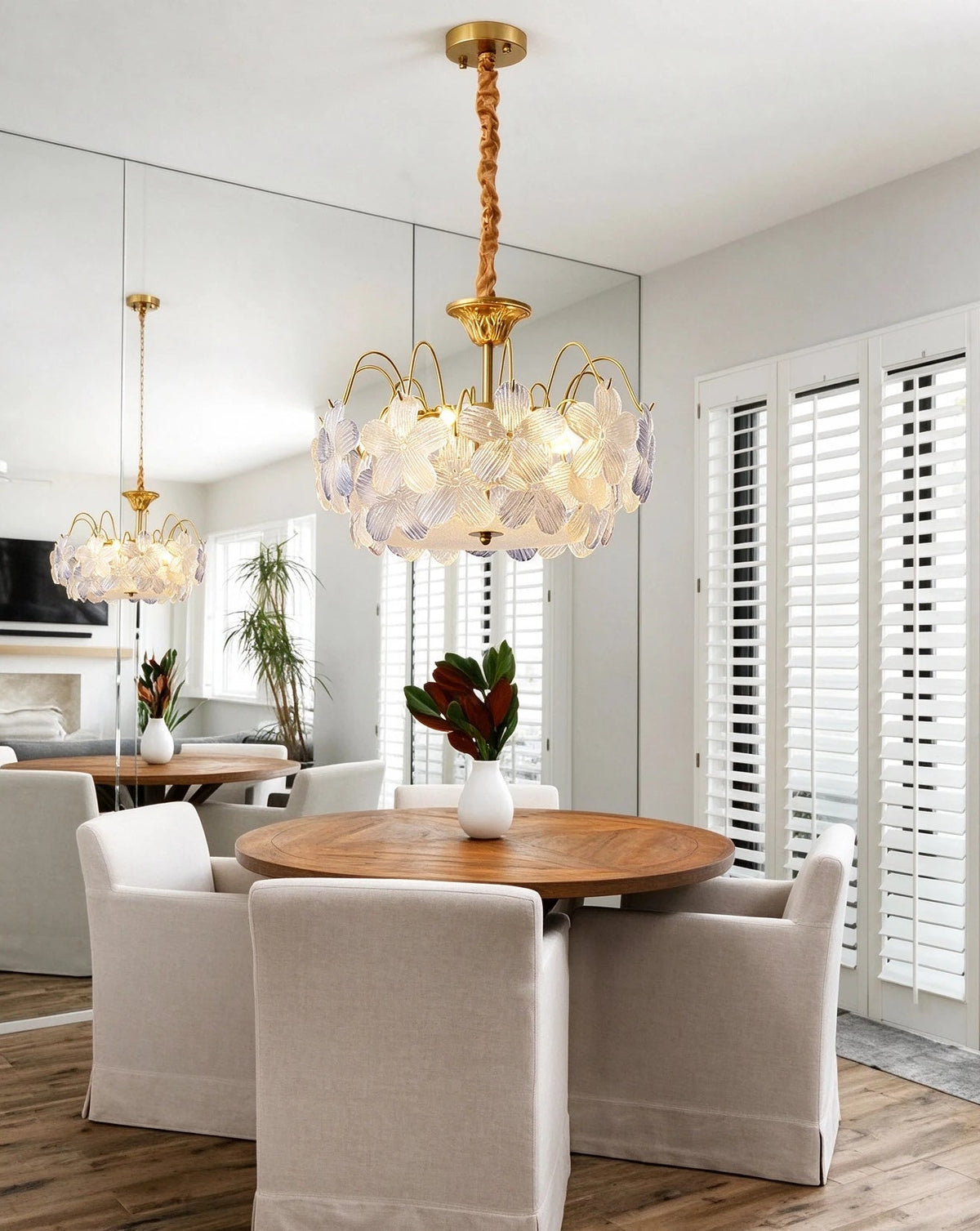Modern Hydrangea Petal Art Glass Chandelier Over Round Dining Table