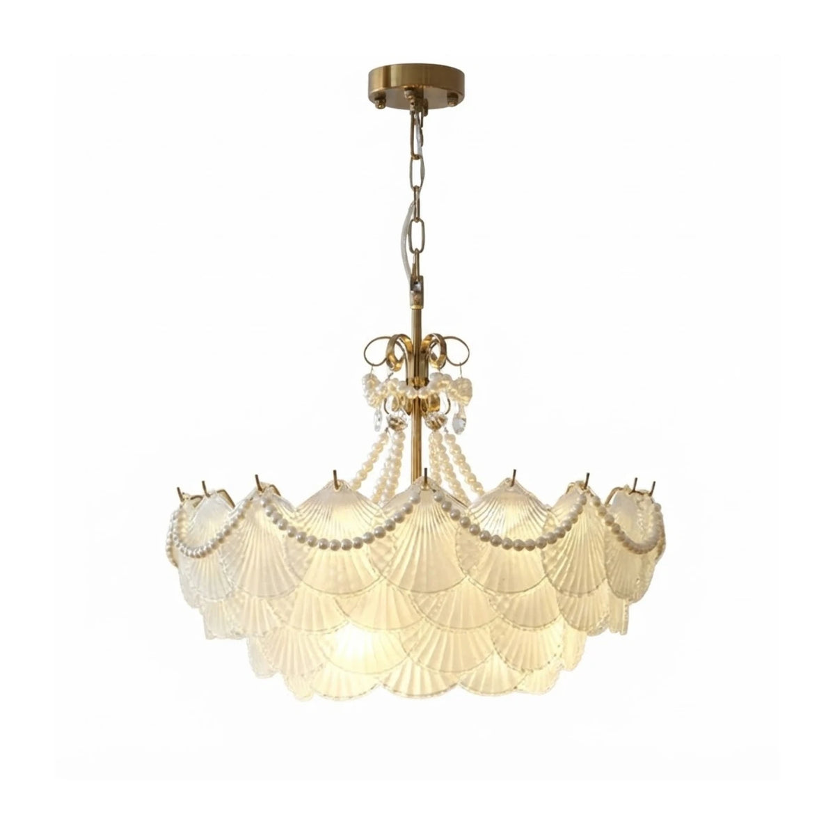 Modern Brass and Beaded Shell Art Glass Chandelier with Gold Canopy and Chain on Pure White Background