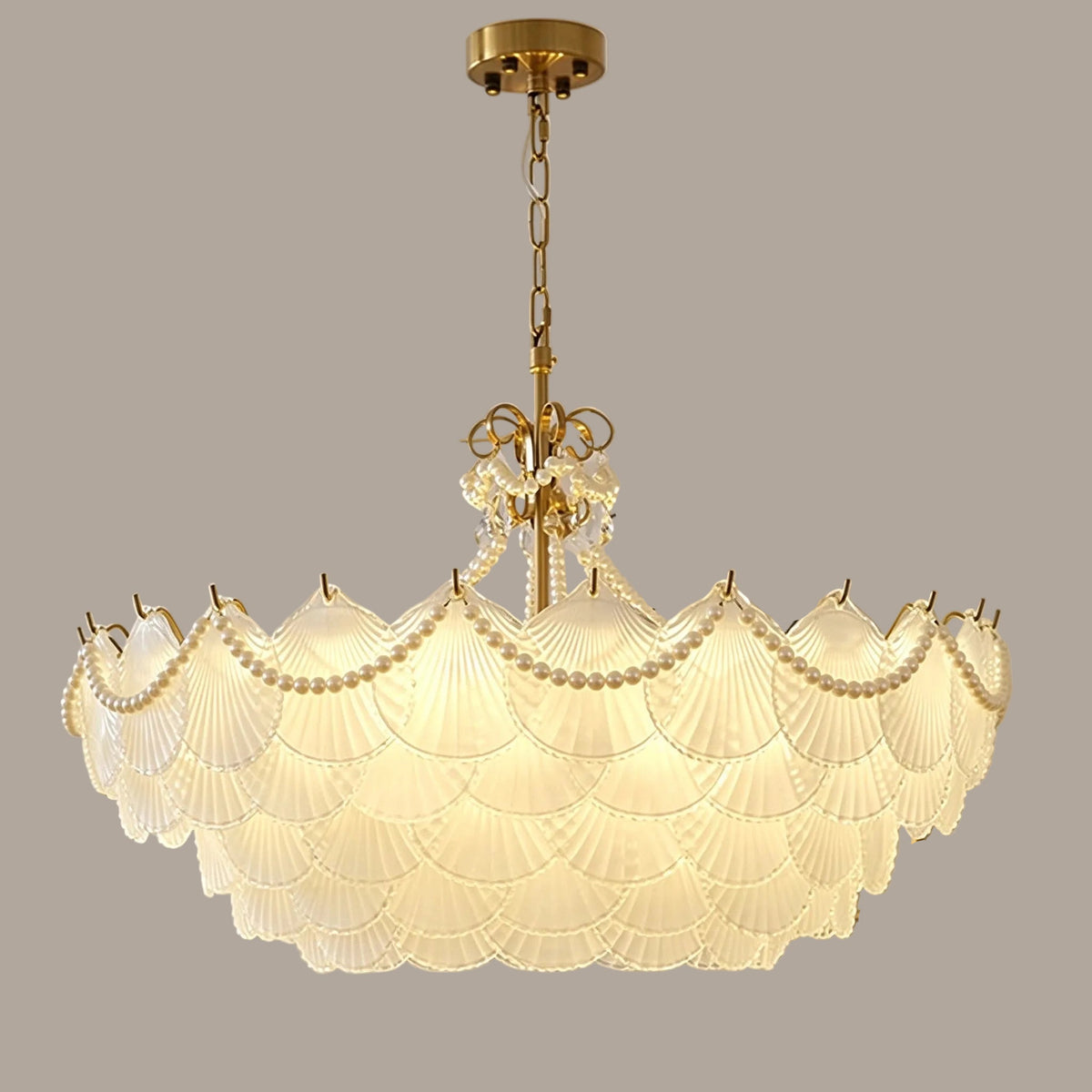 Illuminated Modern Beaded Shell Art Glass Chandelier Studio Display